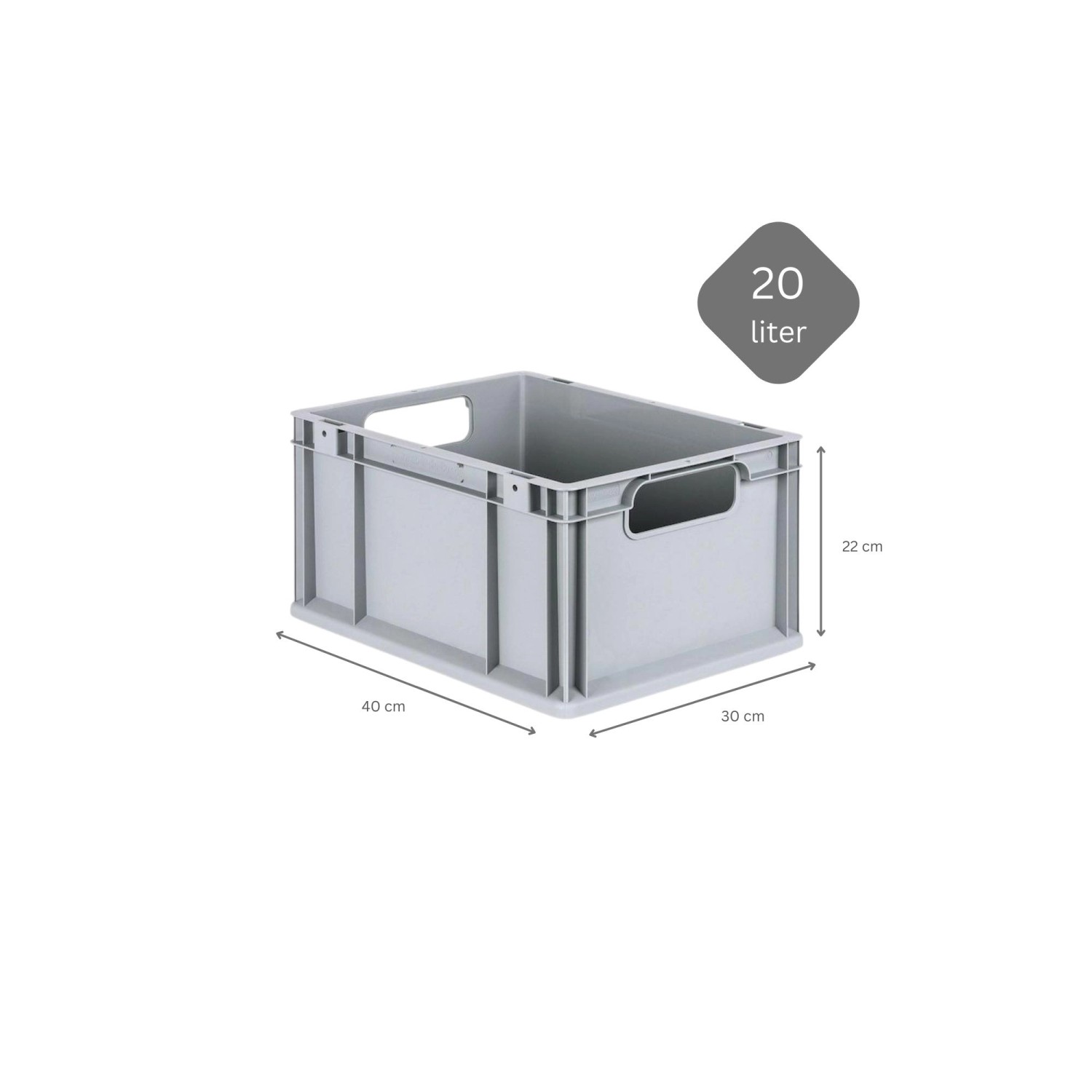 Graue PROREGAL Eurobox 20 Liter mit Griffen, 30x40x22cm, für Lagerung & Transport.