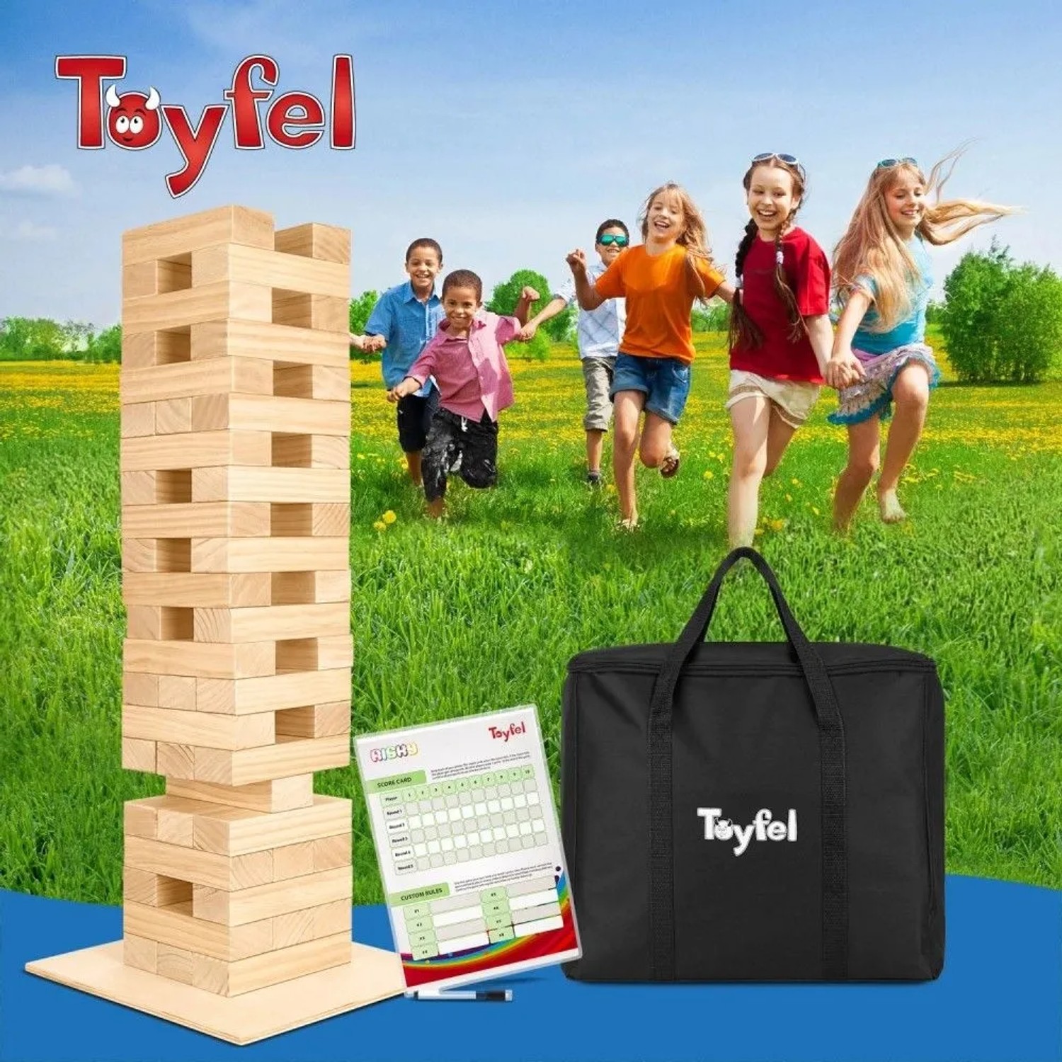 Toyfel Riski Wackelturm aus Kiefernholz mit 54 Blöcken, Platte und Tasche. Kinder spielen im Hintergrund.