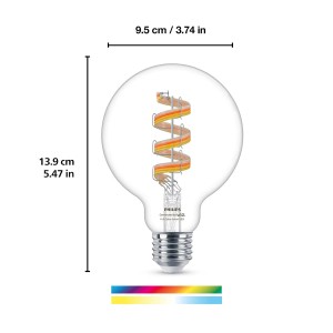 WIZ E27 LED-Leuchtmittel in Globeform, 6,3W, mit farbiger Wendel und Maßangaben.