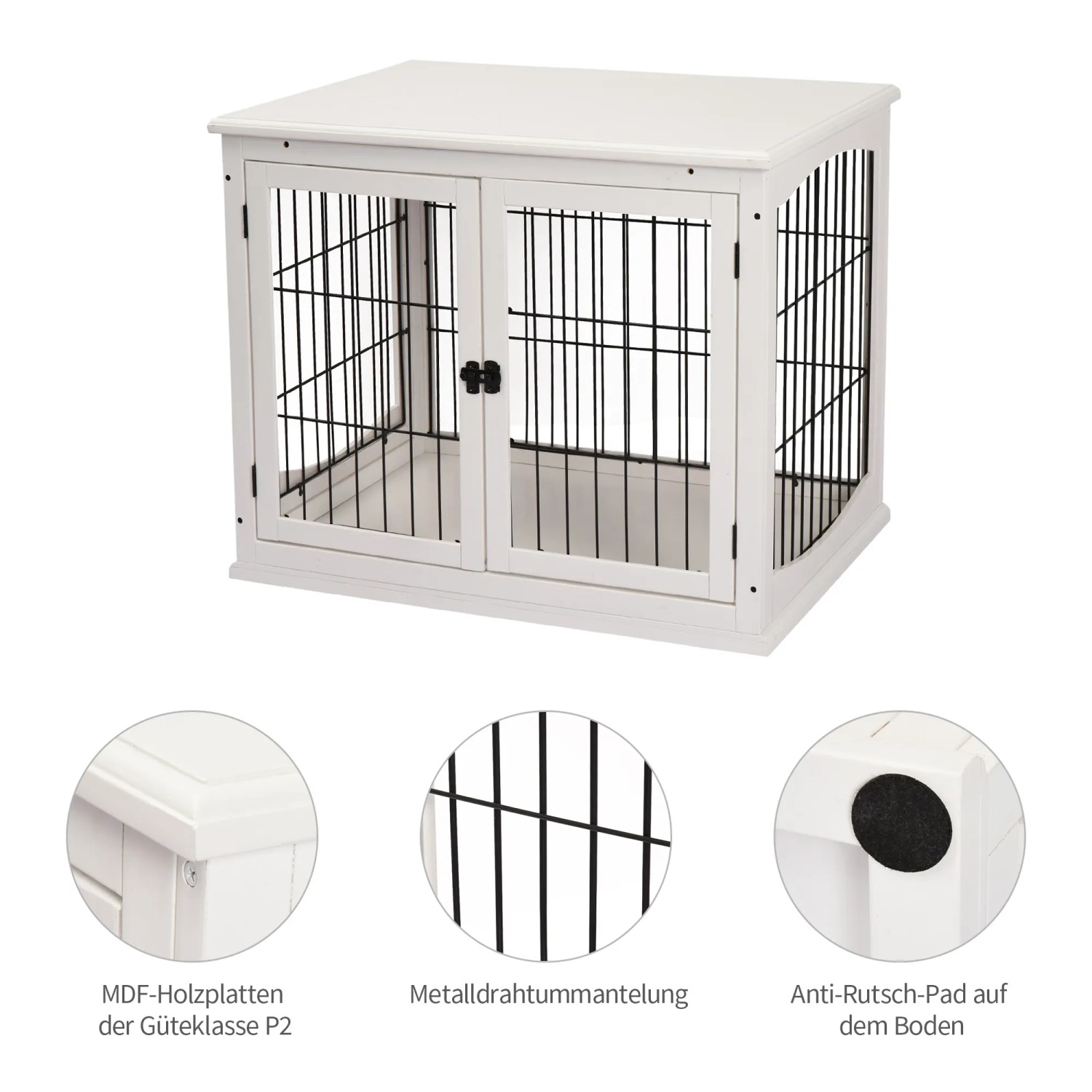 Weißes PawHut Hundehaus/Transportbox mit 2 Türen aus Metall und Holz, 81x58,5x66cm.
