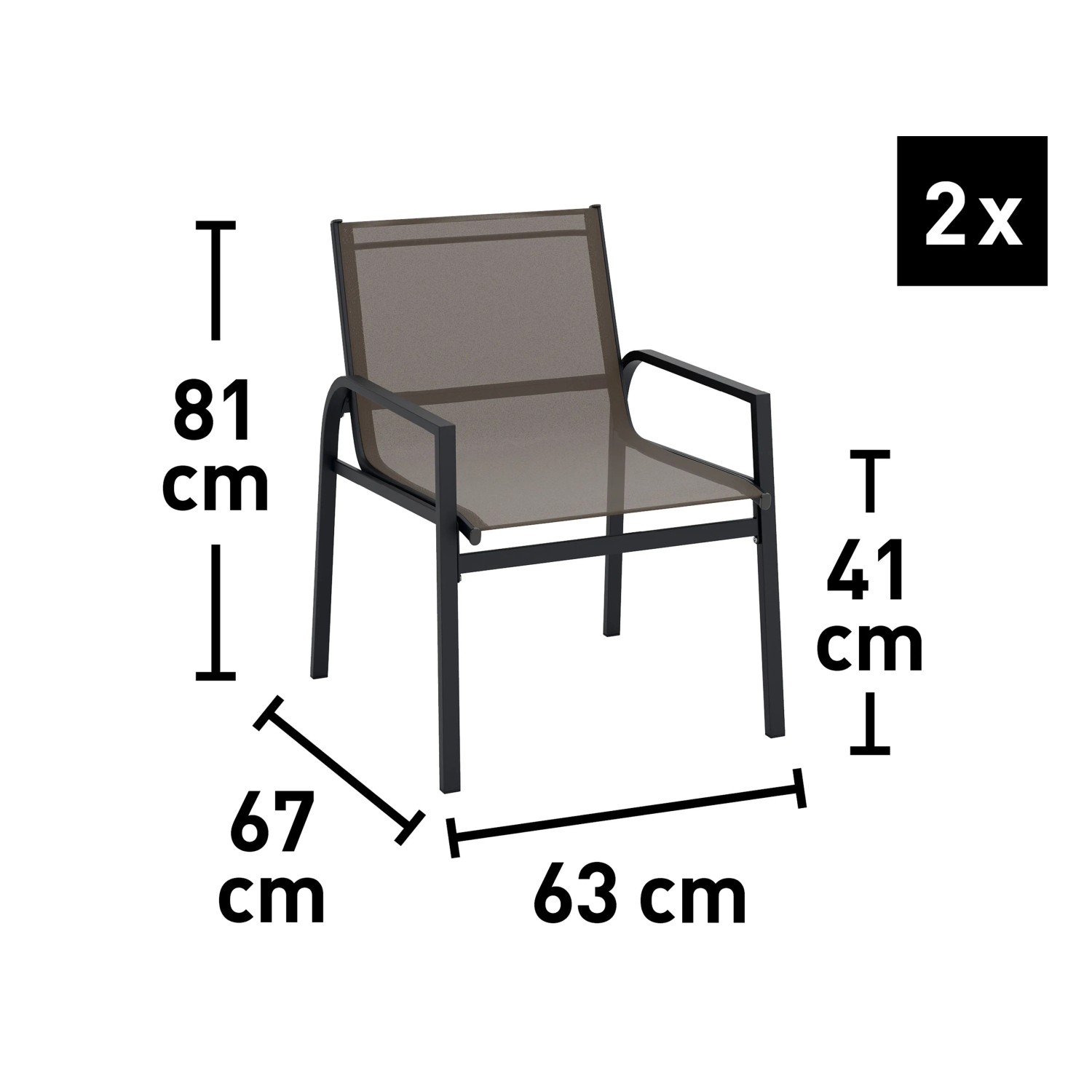 Tapena Gartenmöbel Sessel, 2er Set, Stahl/Textil, schwarz-taupe, Maße eingeblendet