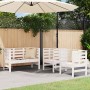 vidaXL Garten-Lounge-Set, 3-teilig, weißes Kiefernholz, mit Bank und Stühlen unter Sonnenschirm.