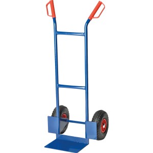 Blaue Sackkarre Junior mit PU-Rädern, roten Griffen und einer Tragkraft von 200 kg.