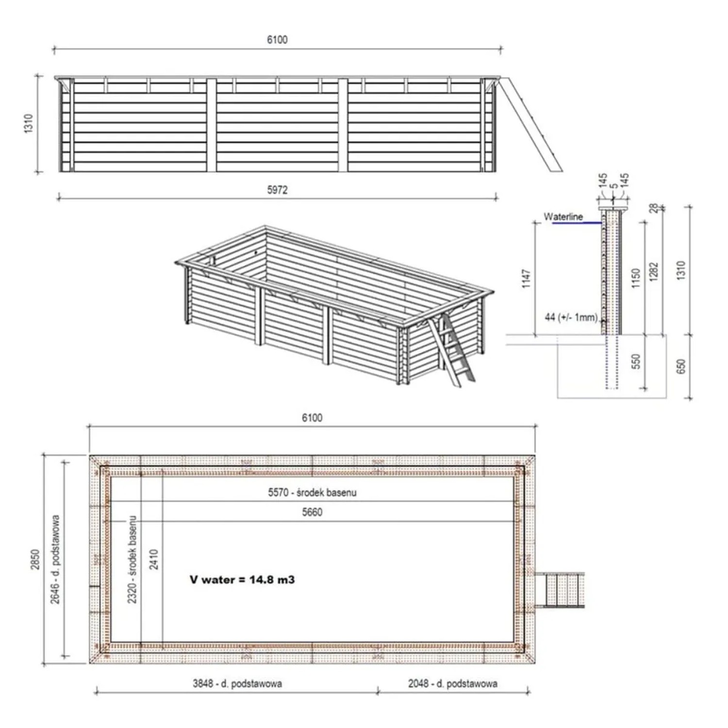 Technische Zeichnung des ALTANKA Holzpools Aqua. Rechteckiger Gartenpool mit Maßen 6,1x2,85x1,31m und Konstruktionsdetails.