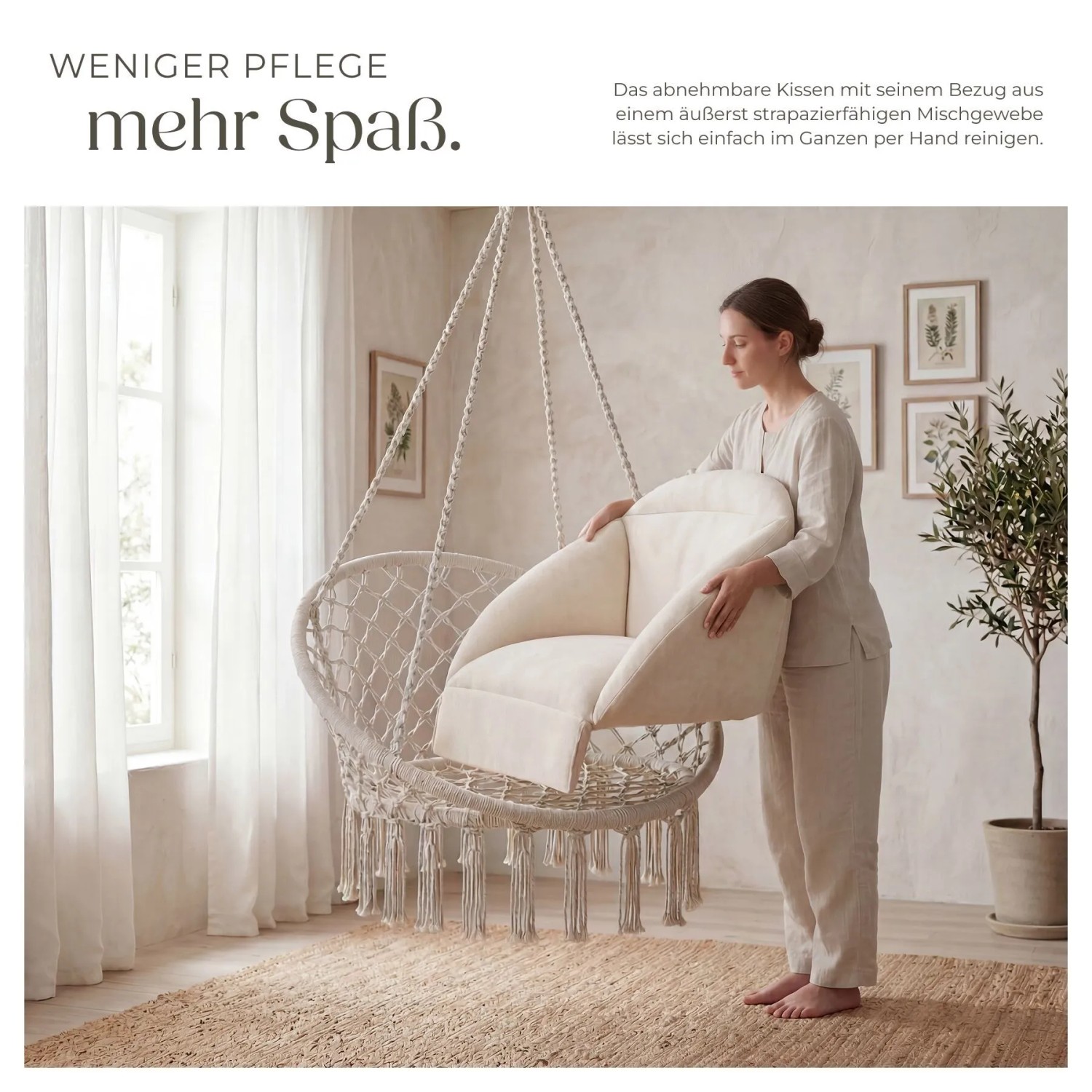 Tectake Hängesessel Samira Mit Dickem Sitzkissen Stabile Halteseile 81 x 80 x 139 cm Beige_7