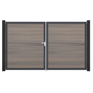 GroJa Solid Steckzaun Tor, DIN links, Sandfarben. 2-flügelig mit Beschlagset und Aluminiumrahmen.