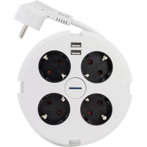 Weiße Mehrfachsteckdose mit 4 Schuko-Steckdosen, Schalter und 2 USB-Anschlüssen.
