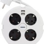Weiße Mehrfachsteckdose mit 4 Schuko-Steckdosen, Schalter und 2 USB-Anschlüssen.