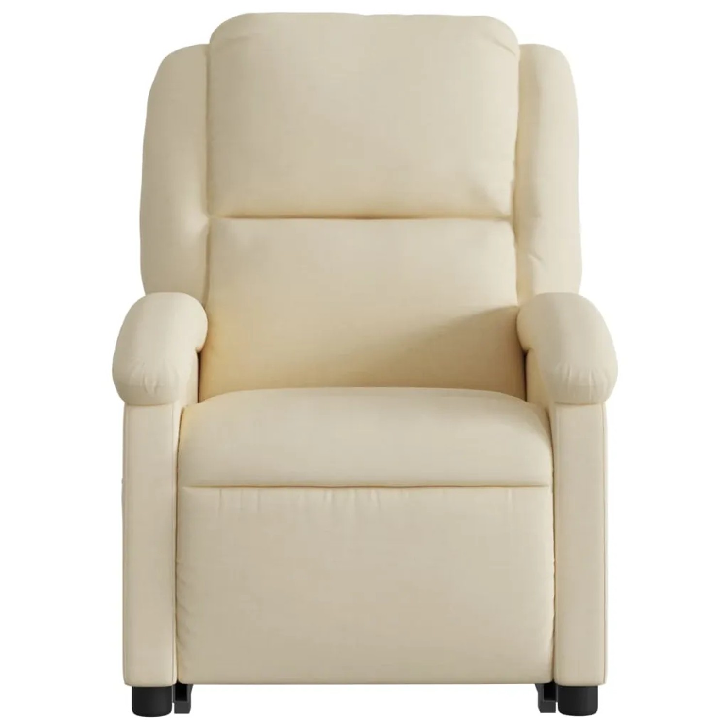 Elektrischer Massagesessel mit Aufstehhilfe, creme Stoff, Frontansicht. Relaxsessel für Senioren.