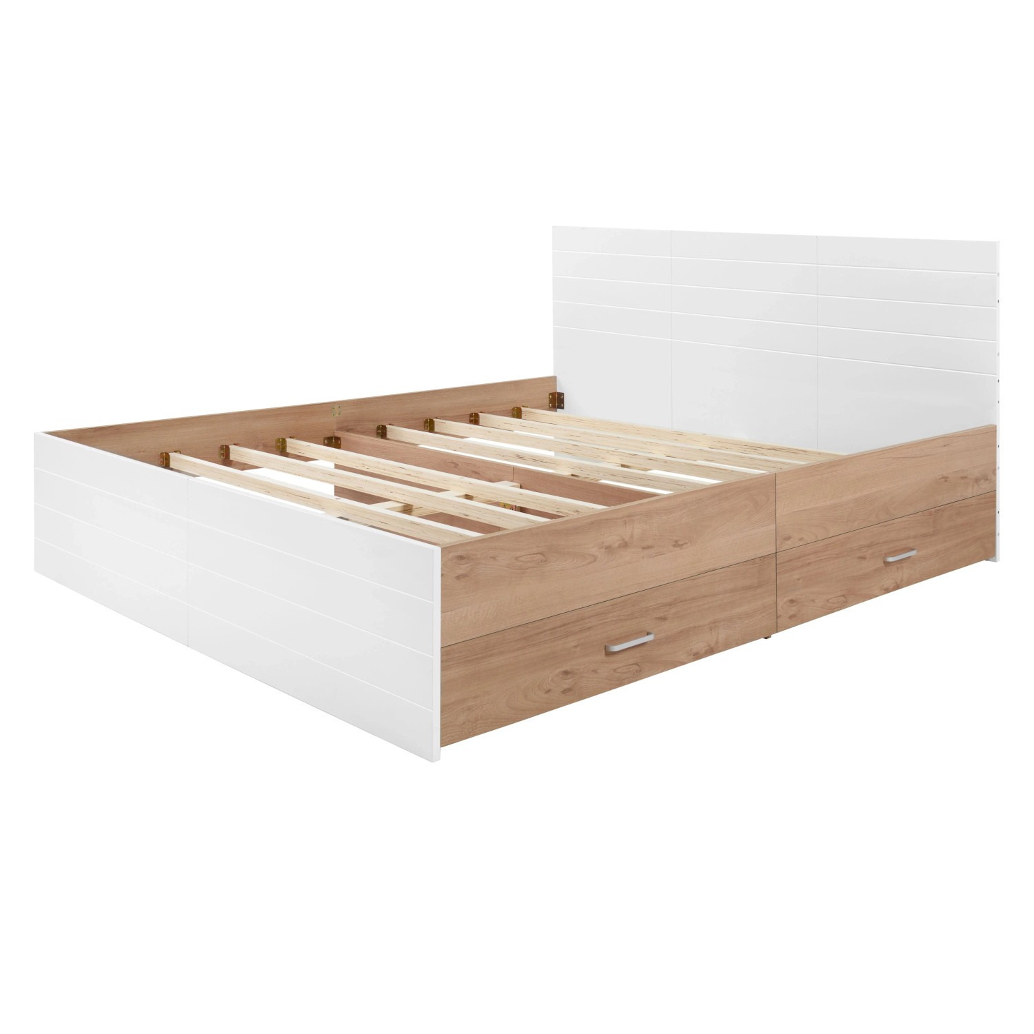 KOMHTOM Doppelbett Holzbett Bettanlage 160x200Cm Mit 2 Schubladen Und Lattenrost Eiche/Weiß Ohne Matratze