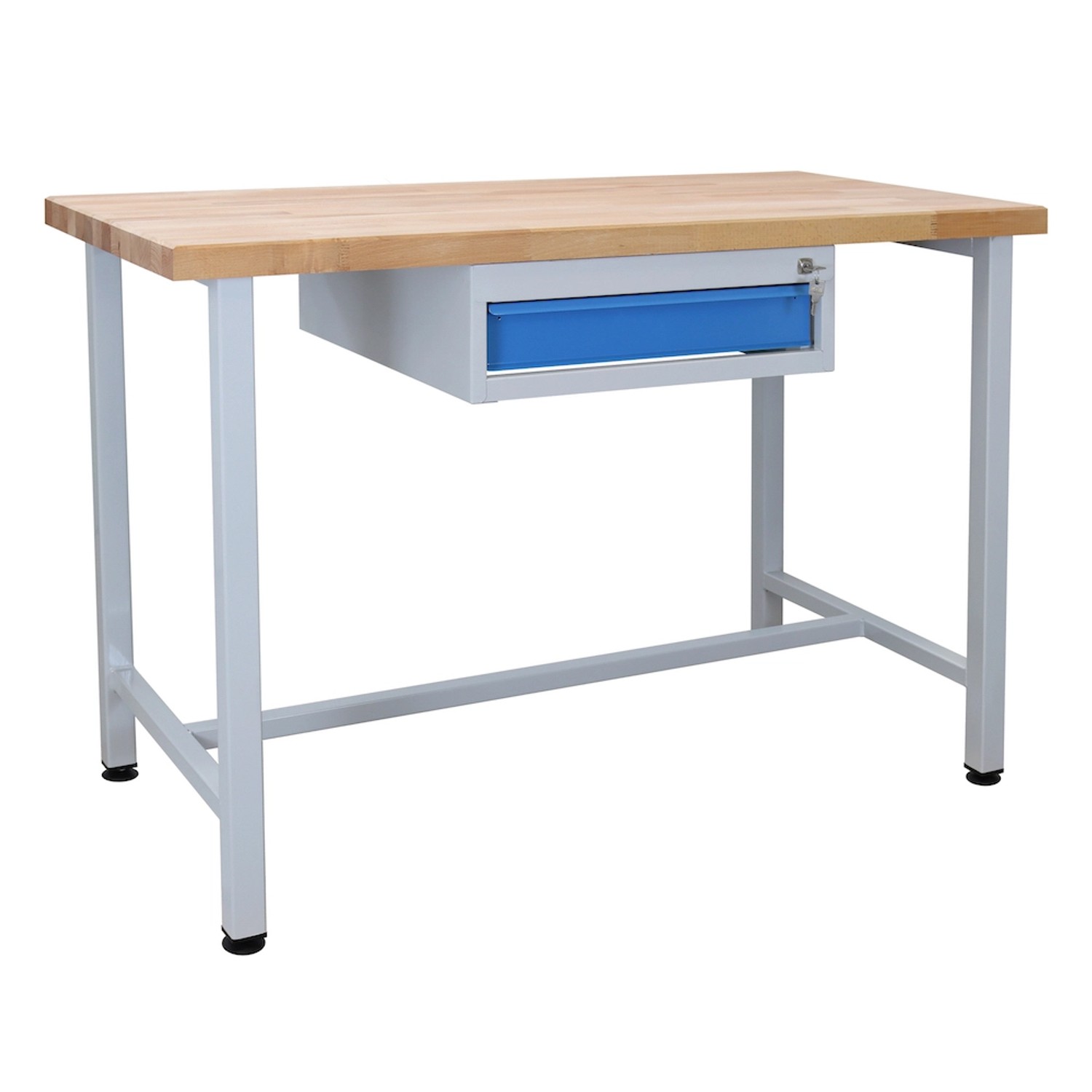 PROREGAL Werkbank Rhino mit Schublade, 120x60cm, Buche Arbeitsplatte, lichtgraues Gestell, lichtblaue Schublade.
