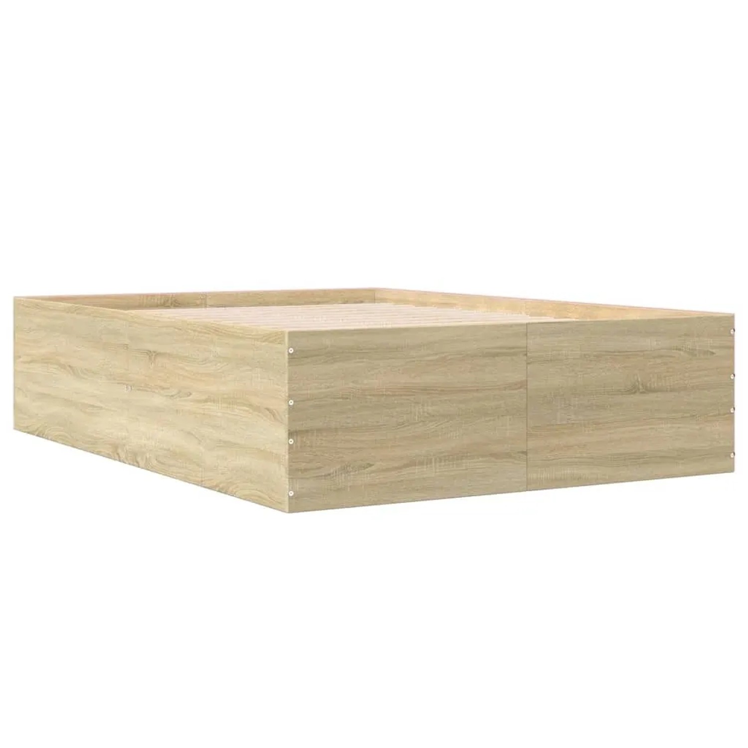 Helles Bettgestell Sonoma-Eiche 135x190 cm aus Holzwerkstoff, niedriges, rechteckiges Design.