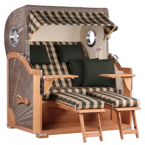 GarWoh Strandkorb Westerland Teak mit Bullauge, grau-karierte Polster. Hochwertiger Outdoor-Strandkorb.