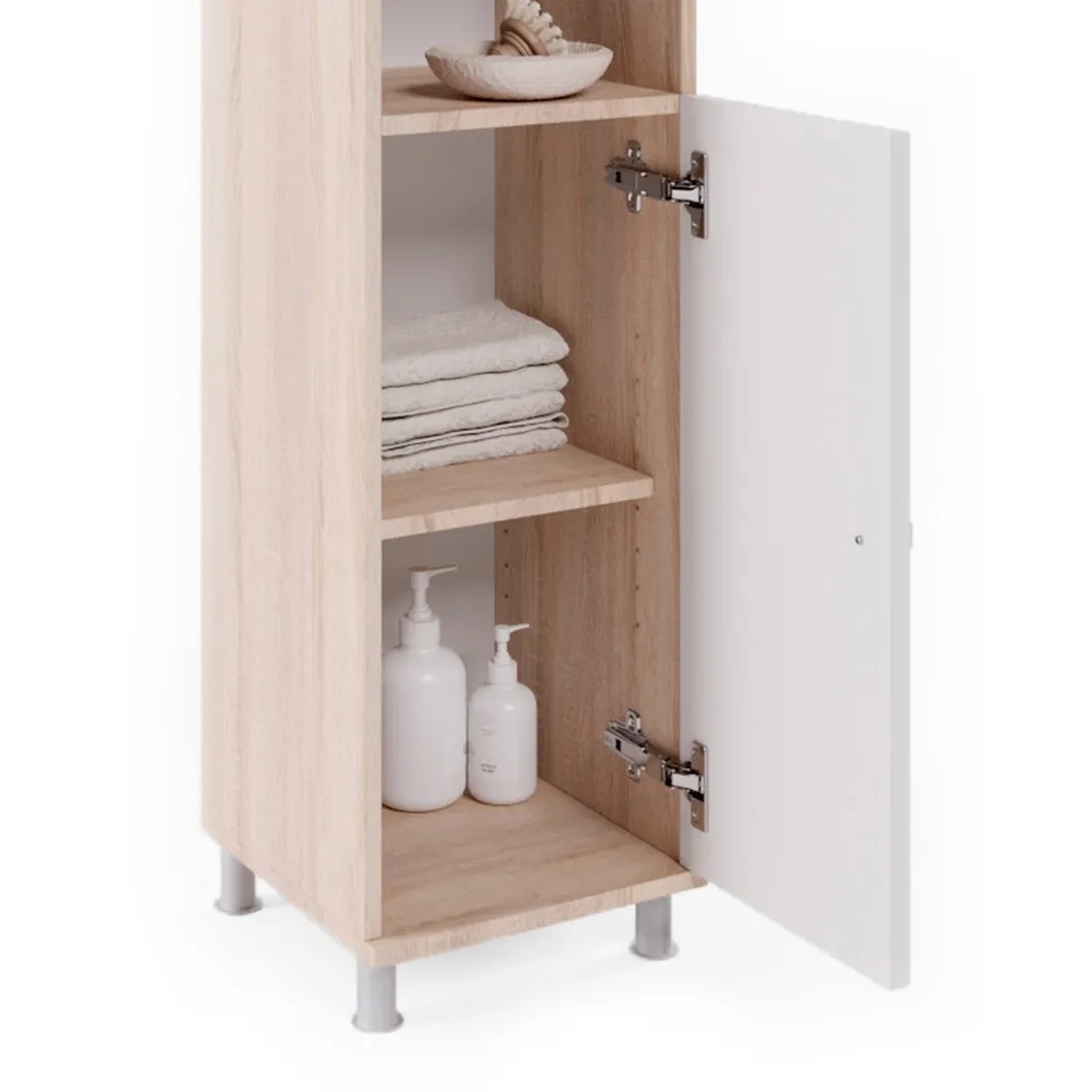 Vicco Badmöbel-Set Fynn: Hochschrank in Sonoma/Weiß mit offener Tür und Ablageflächen.