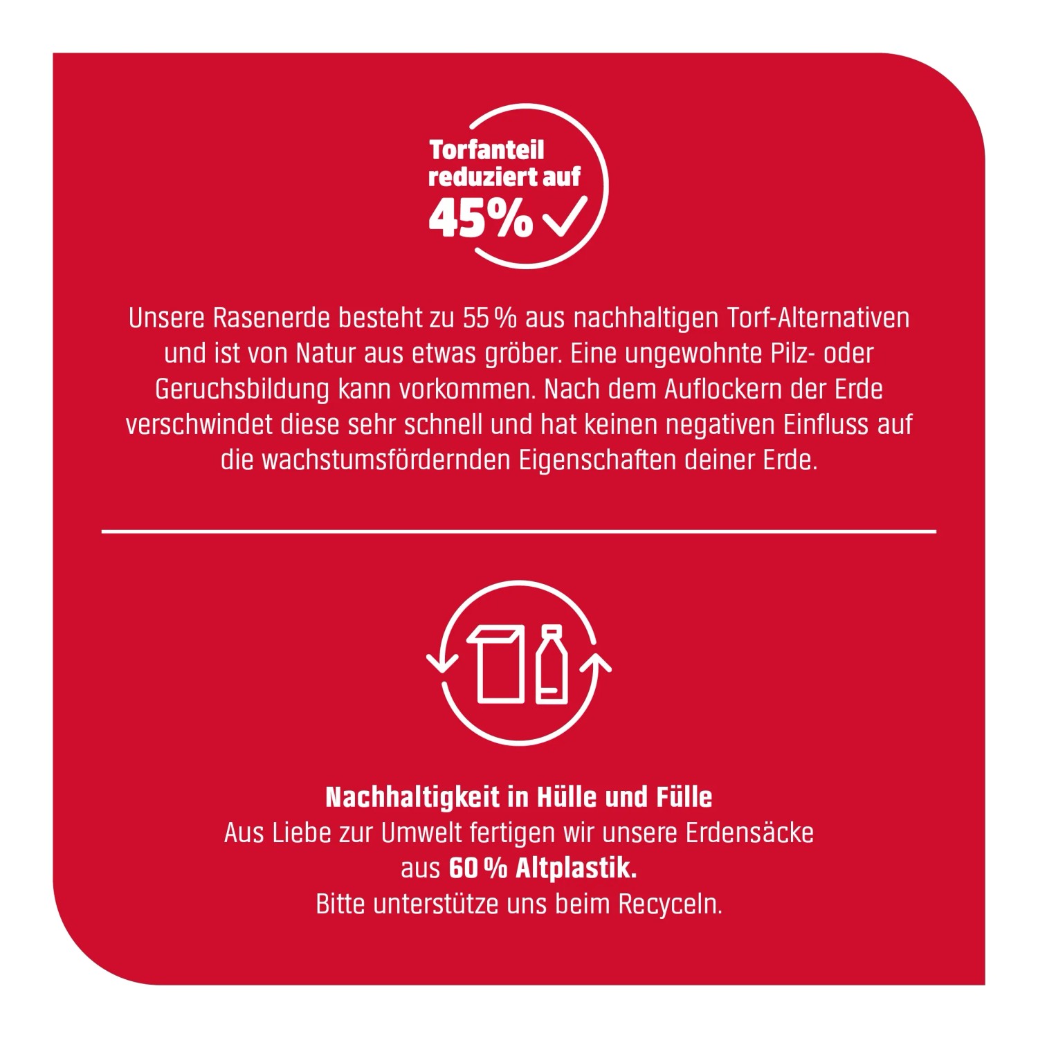 Info-Grafik: GROW by OBI Rasenerde mit 45% reduziertem Torfanteil und 60% Recycling-Kunststoff.