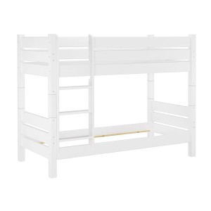 Weißes Kiefer Massivholz Etagenbett 90x200 mit Leiter, teilbar in zwei Einzelbetten.