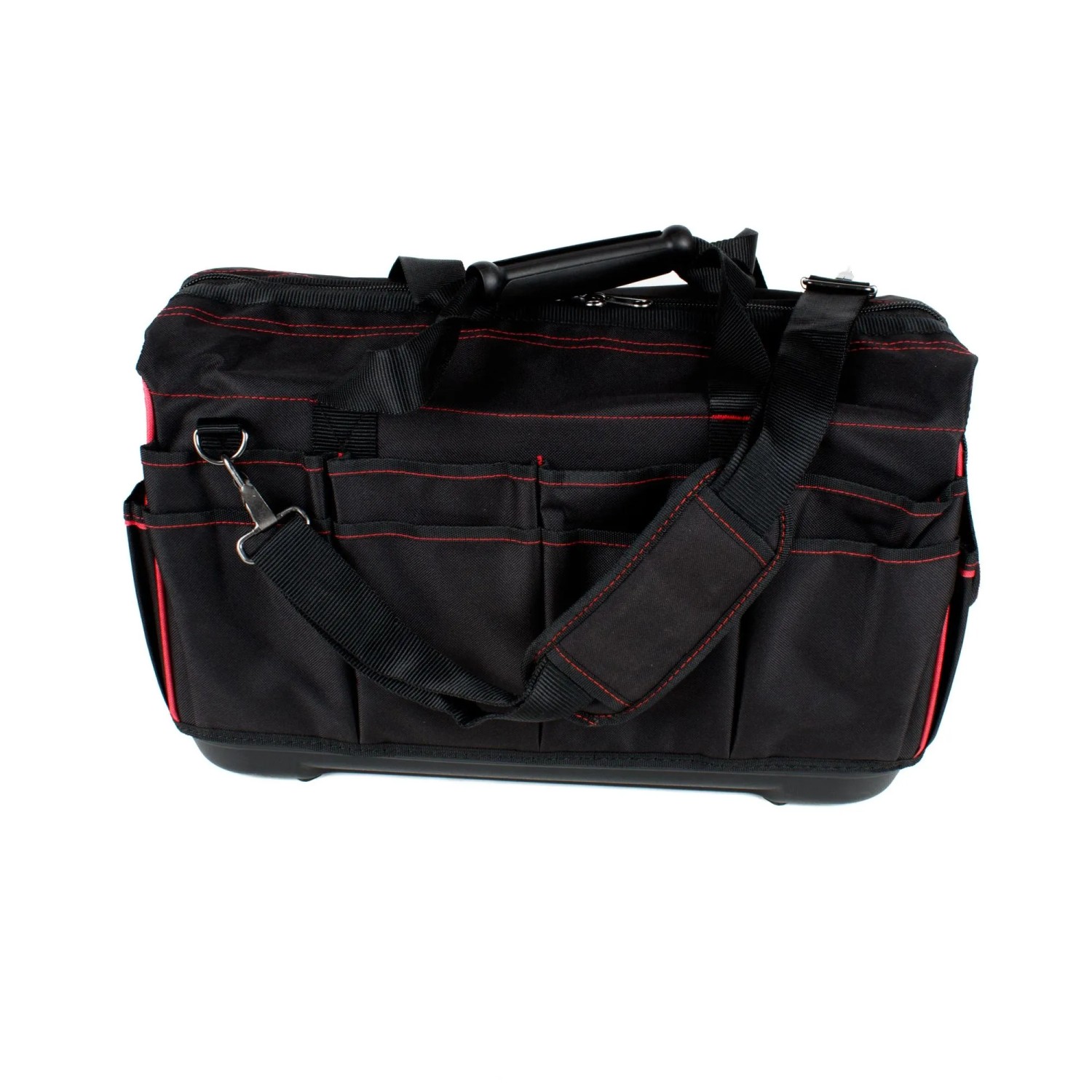 Mephisto Werkzeugtasche Echo mit Schultergurt, aus robustem Polyester, schwarz mit roten Akzenten.