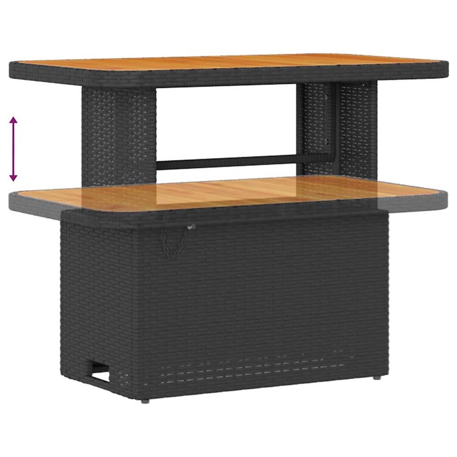 vidaXL Gartenmöbel: Schwarzer Poly Rattan Tisch mit höhenverstellbarer Ablage.