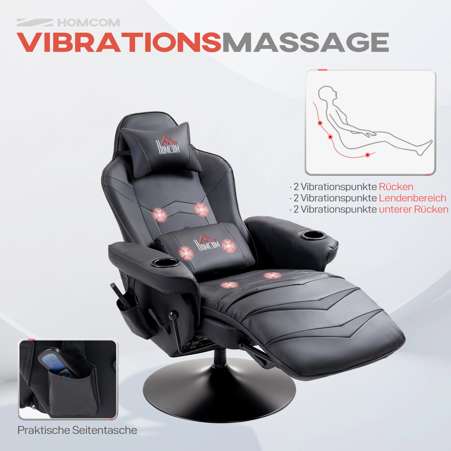 Schwarzer HOMCOM Relaxsessel mit Massage- und Liegefunktion aus Kunstleder, drehbar.