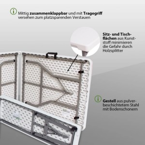 Zusammengeklappte, weiße Bierzeltgarnitur (Tisch und Bänke) mit Stahlgestell. Klappbar und leicht zu transportieren.