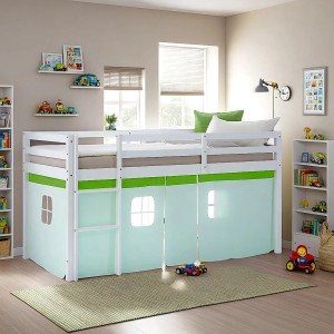 Homestyle4u Kinder Hochbett 90x200 mit grünem Vorhang. Weißes Kinderbett mit Leiter und mintgrünem Vorhang.