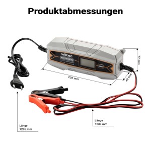 Wiltec 6-12V Batterieladegerät mit LCD-Display und Klemmen. Maße des Kfz-Ladegeräts: 202x77x42mm.