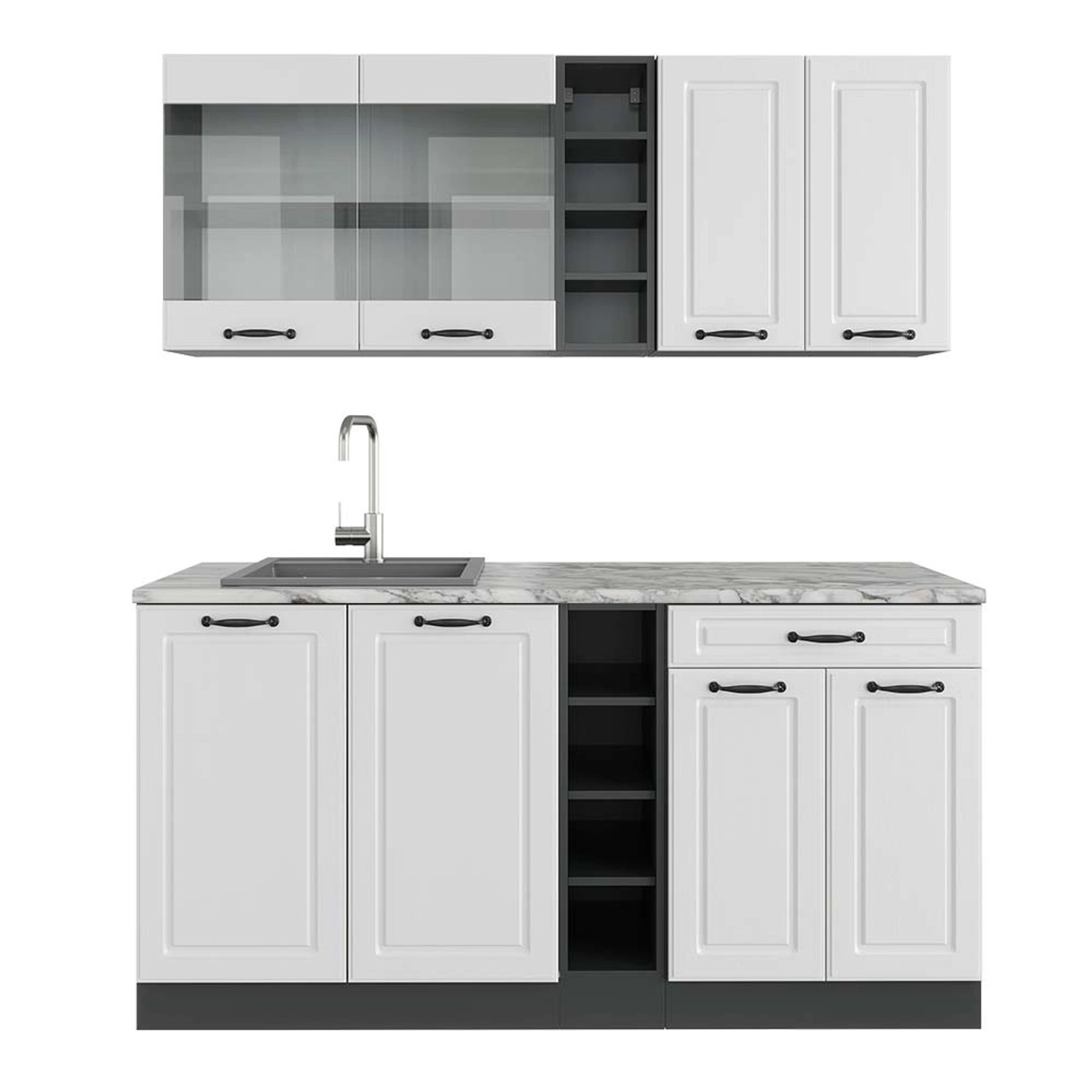 Vicco R-Line Singleküche Weiß Landhaus/Anthrazit 160 cm AP Marmor günstig online kaufen
