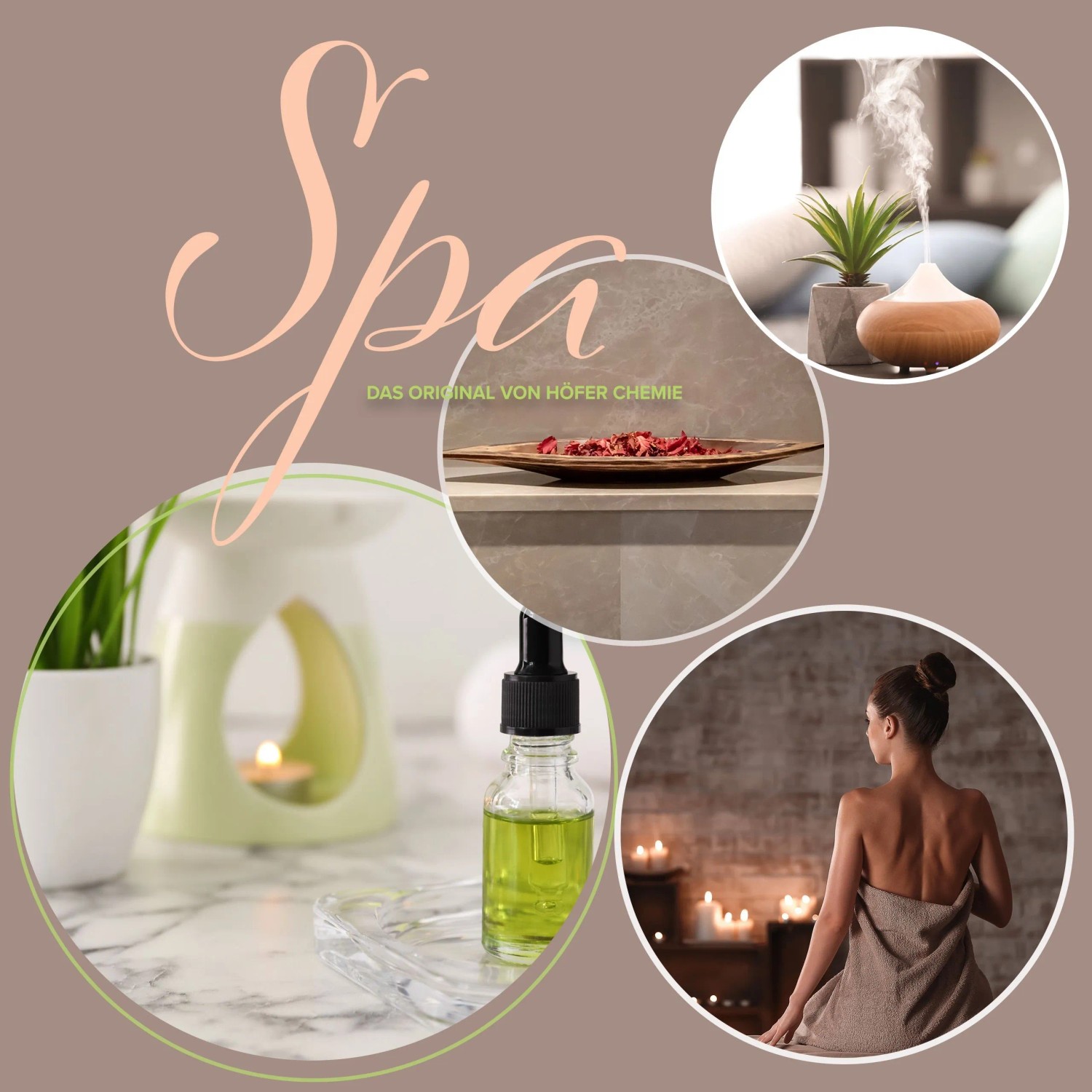 Höfer Chemie Duftöl-Set Nr. 4: Collage mit Duftöl, Duftlampe, Potpourri und Wellness-Szene.