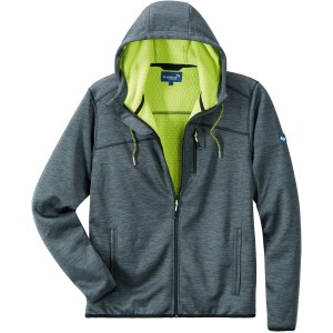 Grau-schwarz melierte Strick-Fleecejacke Goldegg mit gelber Fleece-Innenseite und Kapuze.