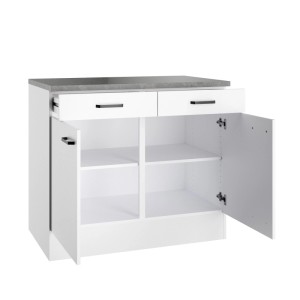OPTIFIT Unterschrank Bonn214, 100 cm breit, weiß mit grauer Arbeitsplatte, zwei Schubladen und zwei Türen.