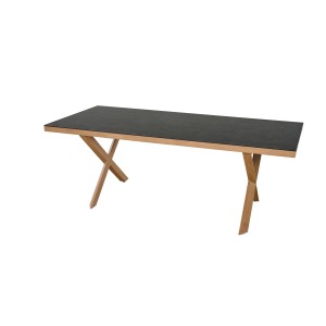 Rechteckiger Siena Garden Gartentisch aus Teakholz, 90x200 cm, mit schwarzer Tischplatte und X-förmigem Gestell.