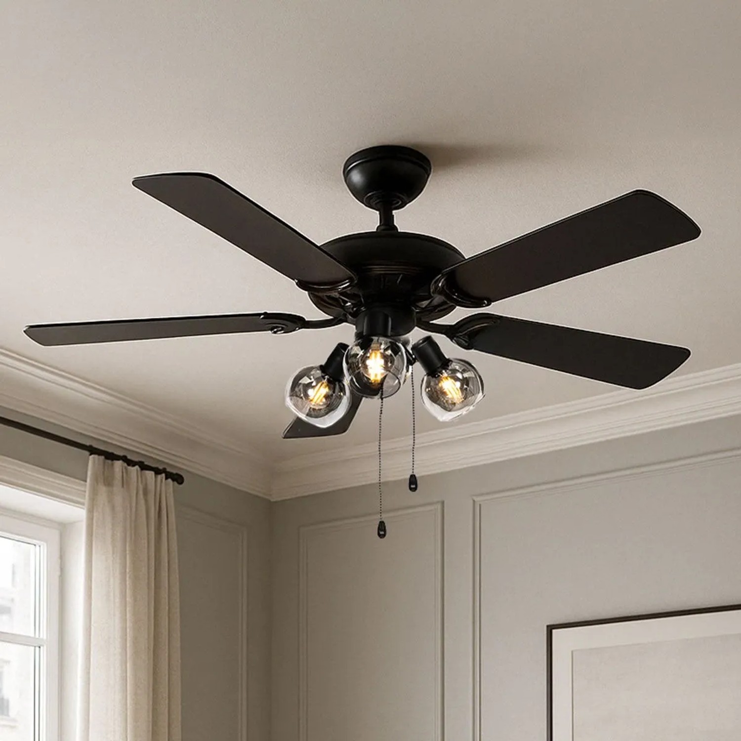 Schwarzer QAZQA Deckenventilator mit Holzprint, 107,5 cm, 3-flammig, mit Zugschalter.