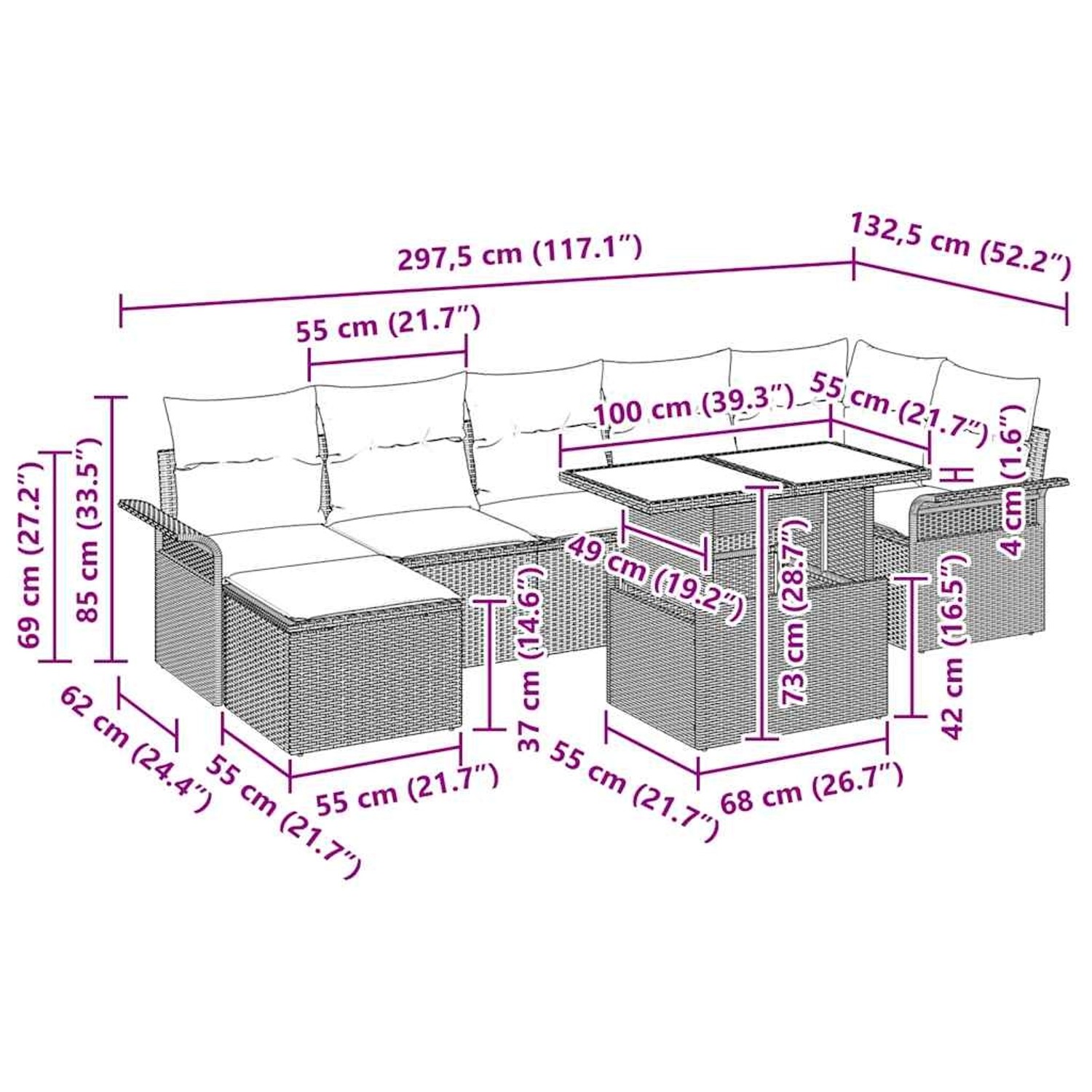 Braunes 8-tlg. vidaXL Garten-Sofa-Set aus Poly Rattan mit Tisch und Kissen.