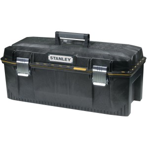 Schwarze Stanley FatMax Werkzeugbox, 32 l, spritzwassergeschützt, mit Tragegriff und Metallschnallen.