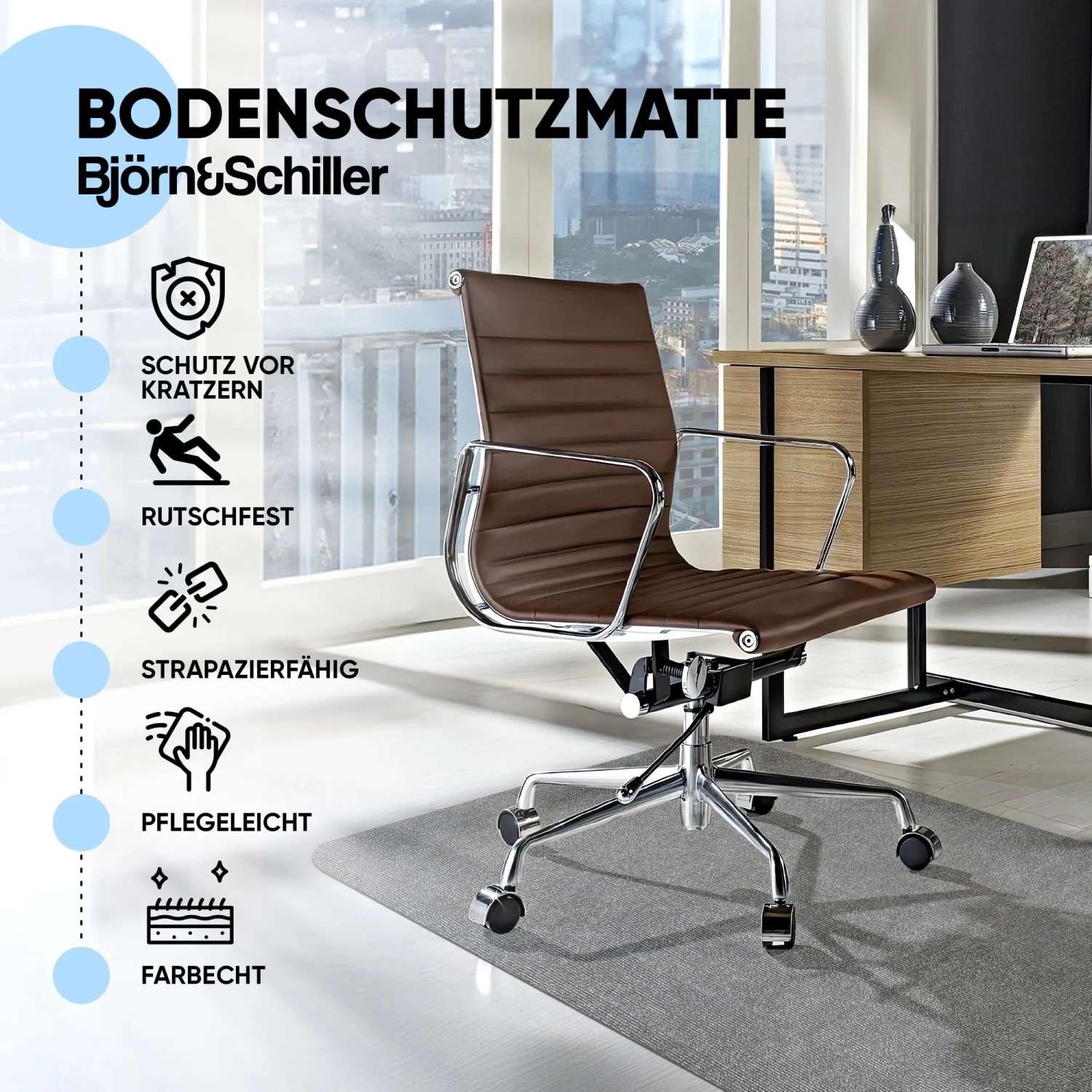 Graue Björn&Schiller Bodenschutzmatte unter Bürostuhl, 100x120cm, für Kratzschutz auf Hartböden.