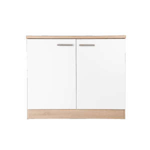 Respekta Spülenunterschrank Merle, 100 cm, Weiß mit Arbeitsplatte in Holzoptik und Metallgriffen.