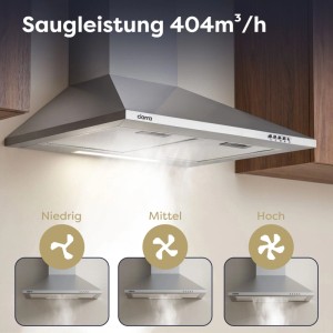 Ciarra Wandhaube 60 cm in Edelstahl-Optik mit 404 m³/h Saugleistung, 3 Stufen und LED-Beleuchtung in Küche.