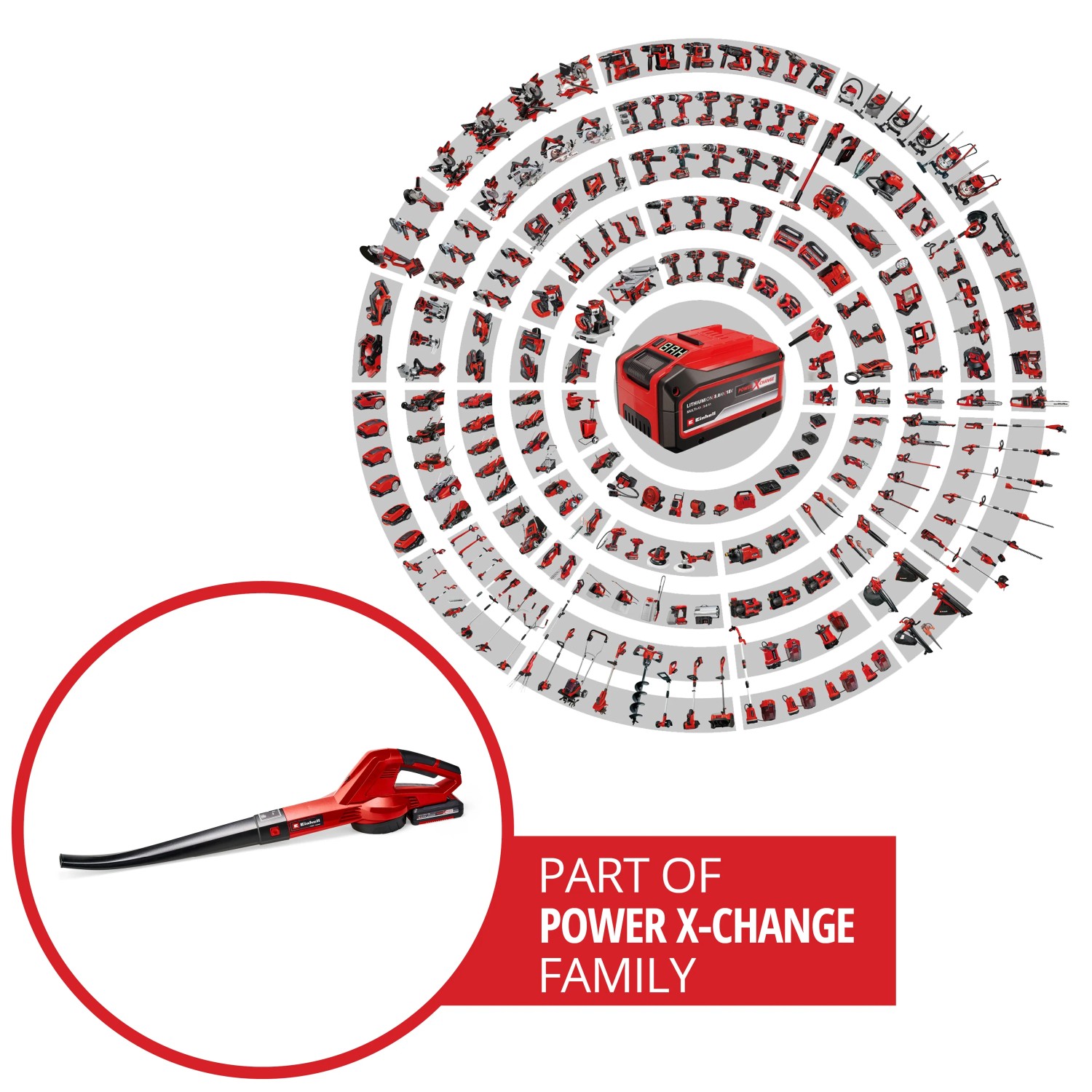 Einhell Akku-Laubbläser GC-CL 18 Li E Kit mit Akku und Ladegerät, Teil der Power X-Change Familie.