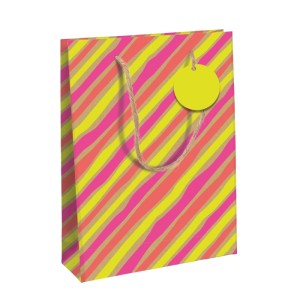 Clairefontaine Geschenktasche L Neon Kraft mit gelb-pinken Streifen, Seilhenkeln und rundem Etikett.