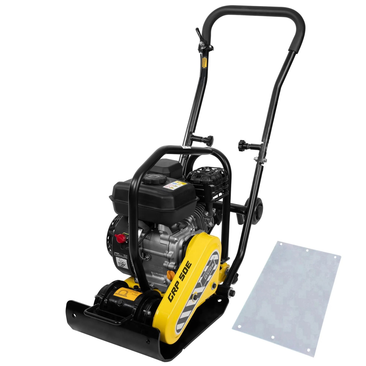 Güde Rüttelplatte GRP 50E, gelb/schwarz, mit Polyurethanmatte. Baumaschine zum Verdichten von Flächen.