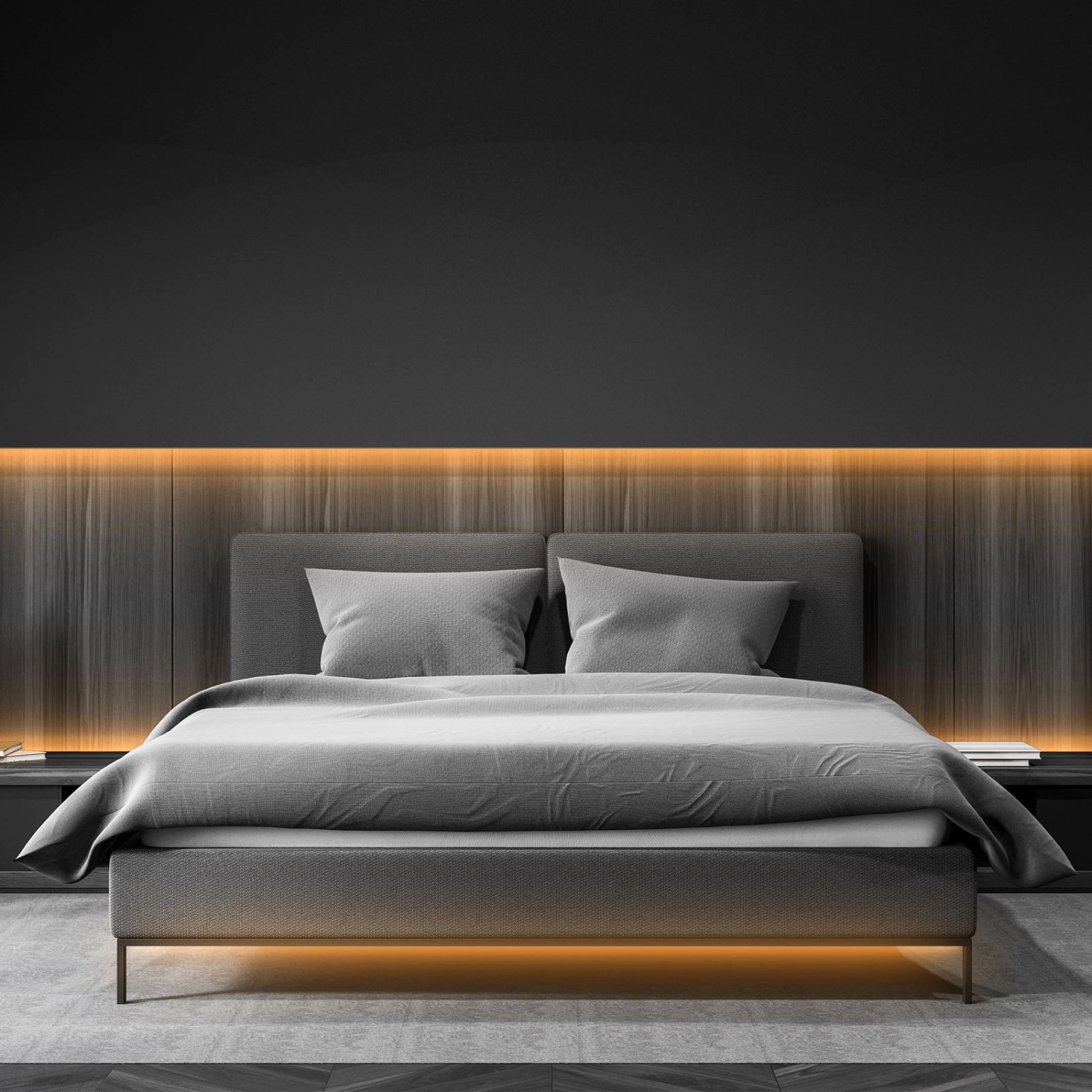 Bett mit indirekter Beleuchtung durch RGB-LED Flexband unter dem Bett und am Kopfteil.