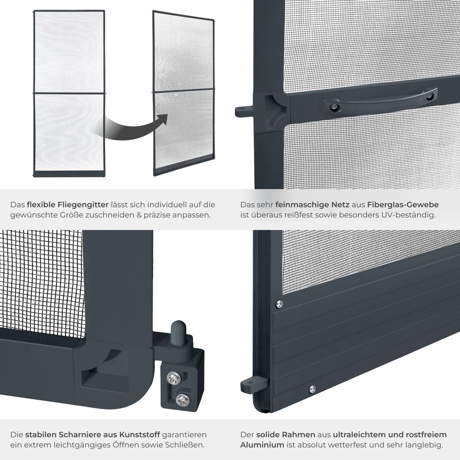 Anthrazit Tectake Fliegengitter für Türen mit Aluminiumrahmen und Fiberglasnetz. Wetter- und UV-beständig, individuell anpassbar.