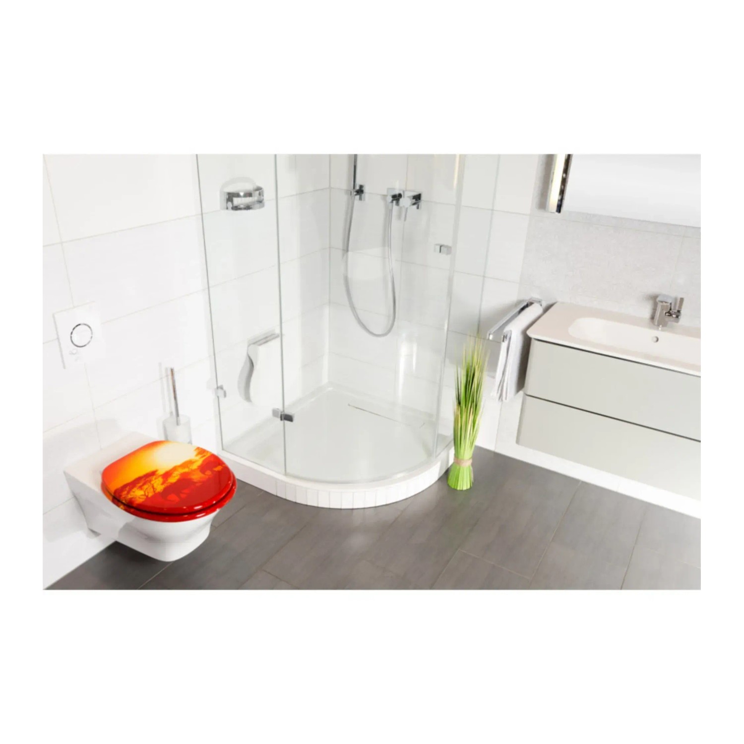 Sanilo WC-Sitz Savanne mit Absenkautomatik auf Toilette im Badezimmer.