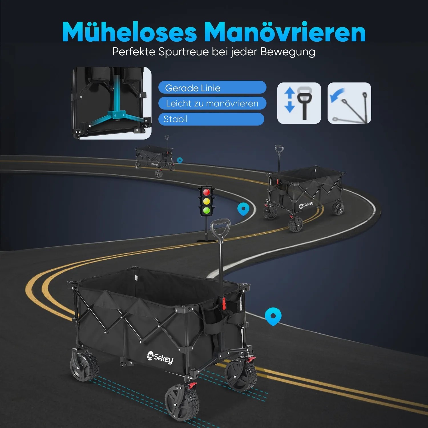 Sekey XXL Bollerwagen, faltbar, 200L, 200KG, mit Bremsen, extra breite Räder, schwarz.