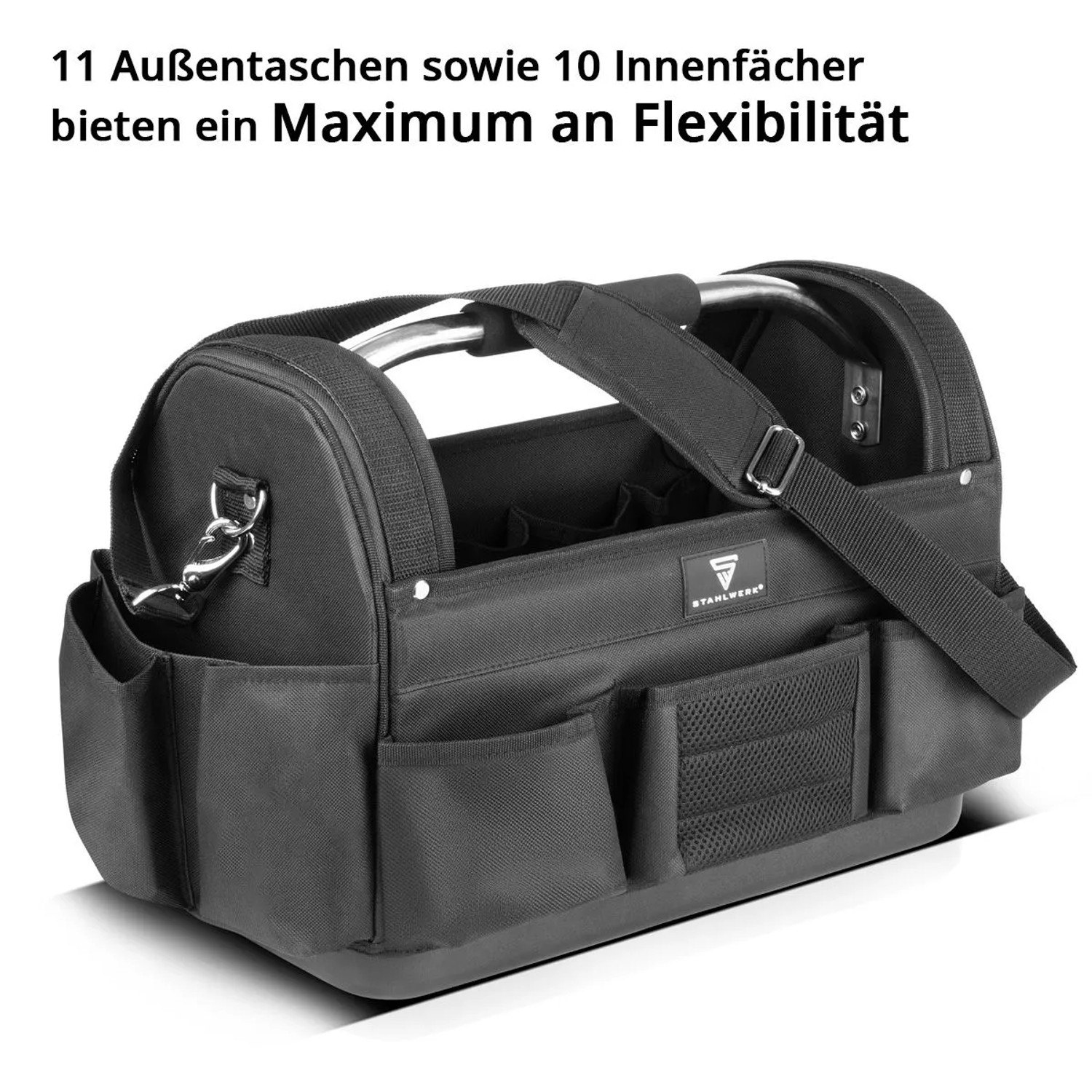 STAHLWERK Werkzeugtasche mit 11 Außen- und 10 Innentaschen, Tragegriff und Schultergurt.