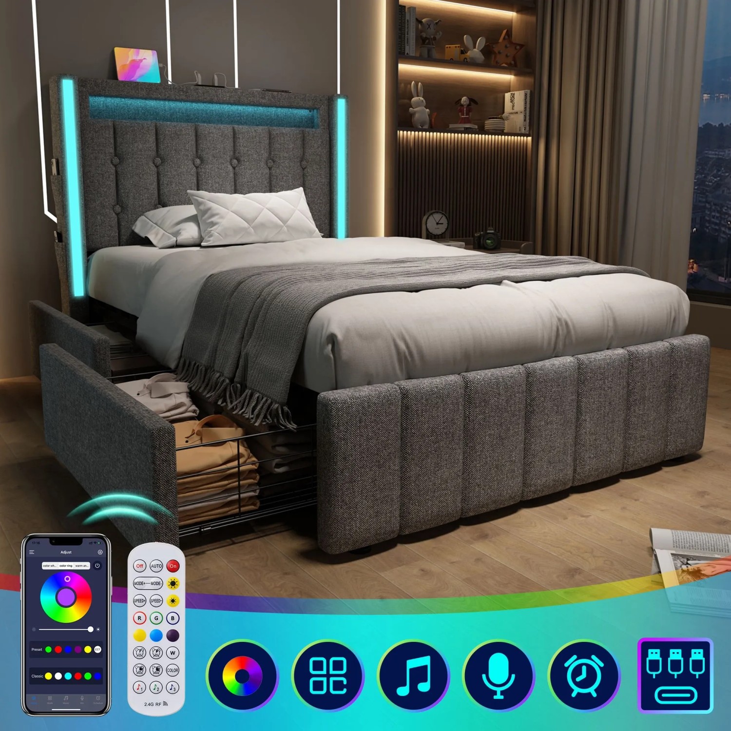 Merax Polsterbett 90x200cm LED USB-C Schubladen Grau