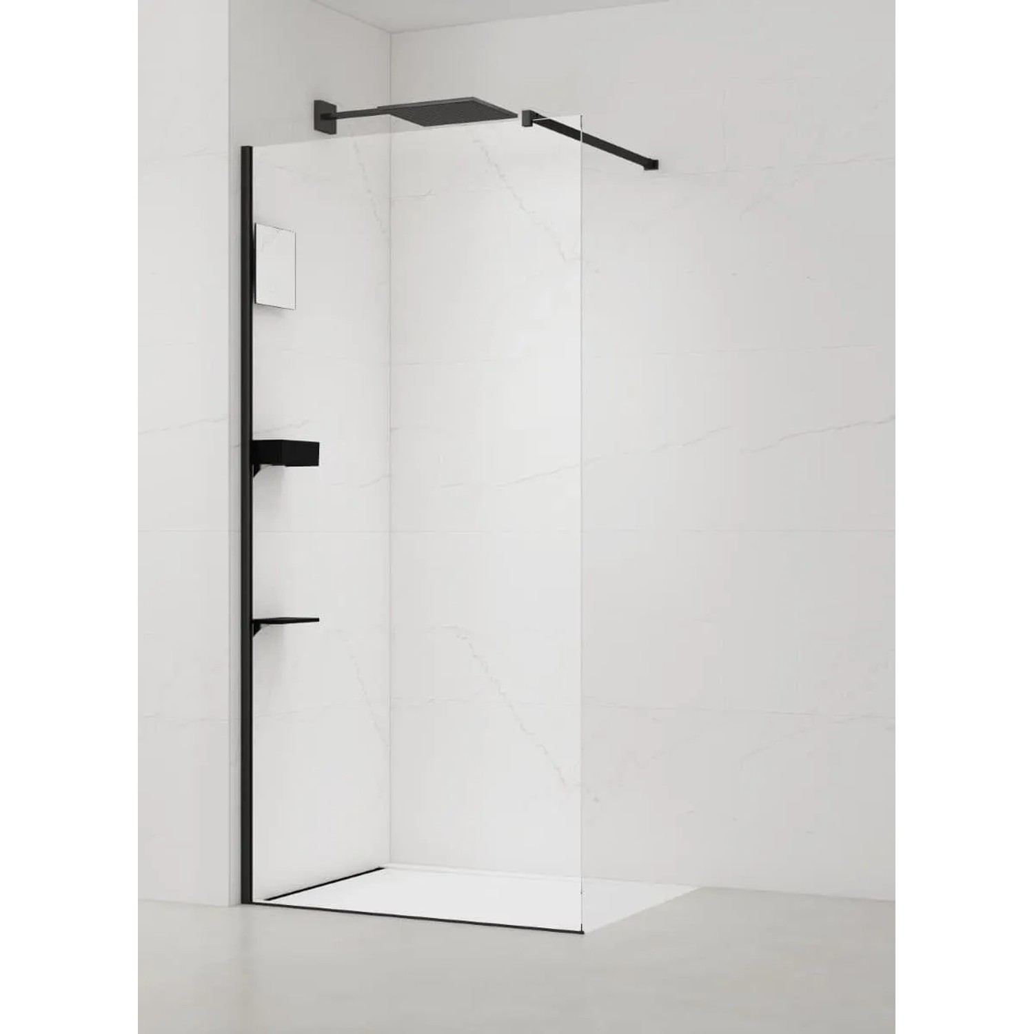 Swiss Aqua Technologies Duschabtrennung Duschwand Walk-In Dusche 100CM mit Ablage und Spiegel Schwarz