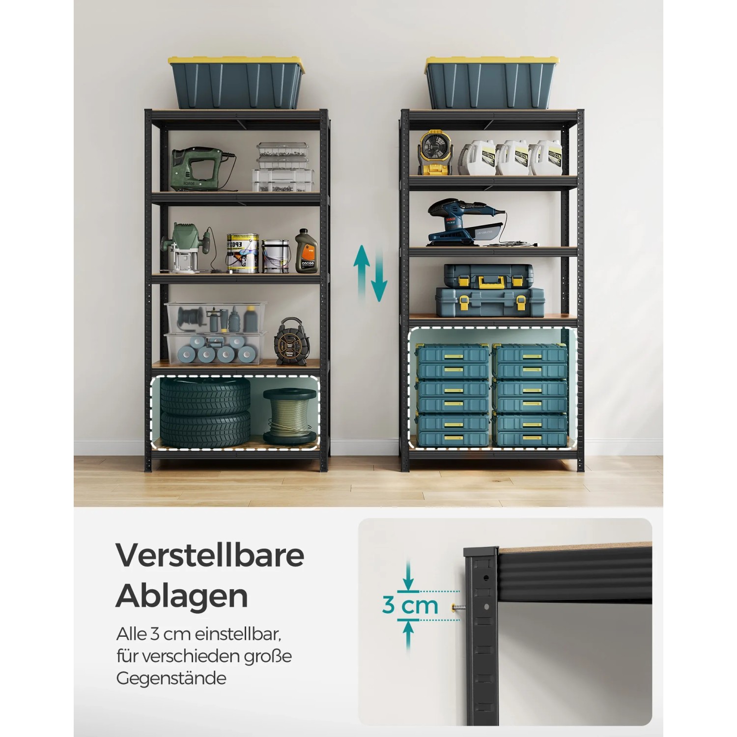 Songmics Standregal, braun-schwarz, mit verstellbaren Regalböden für Werkzeug und Zubehör.