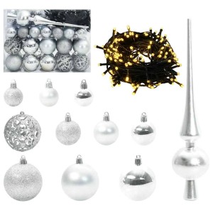 vidaXL Weihnachtskugel Set, 61-teilig, silberfarben mit 150 LEDs, inkl. Baumspitze und Lichterkette