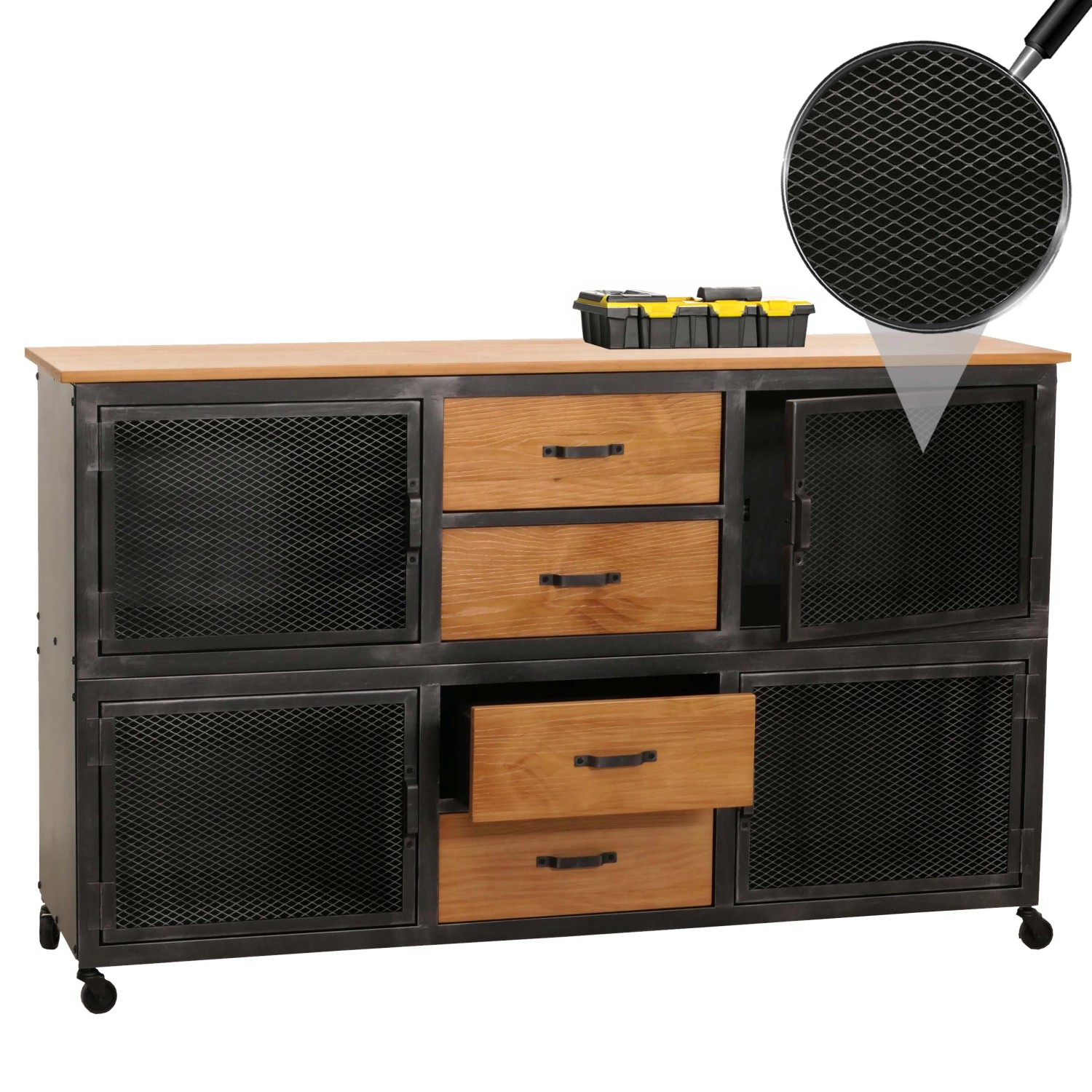 Schwarzer Werkstattwagen mit vier Schubladen, Fächern und Holzplatte im Retro-Design.